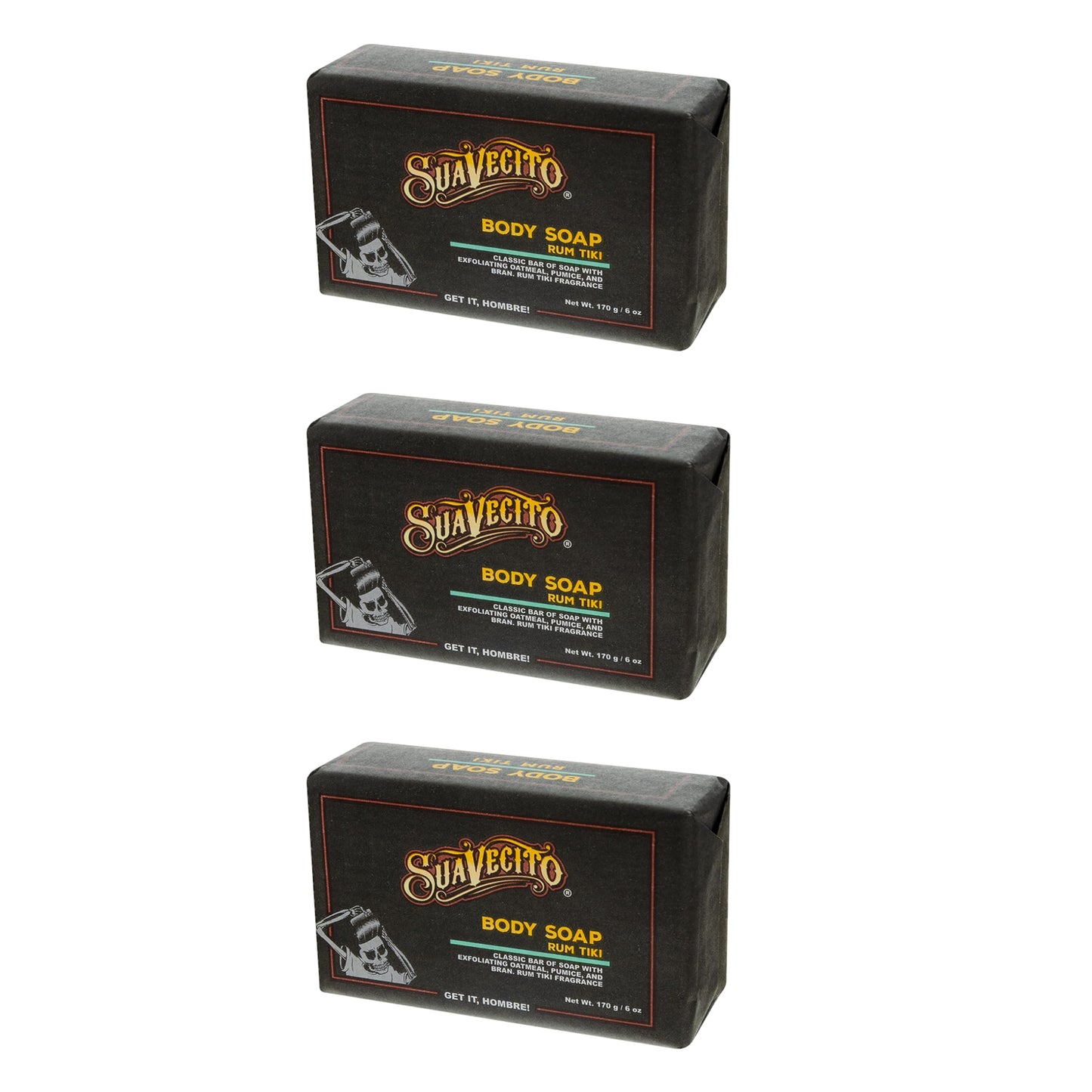 Suavecito Body & Hand Soap Bars Moisturizing Masculine Tiki Rum Fragrance 6 oz 3 Pack