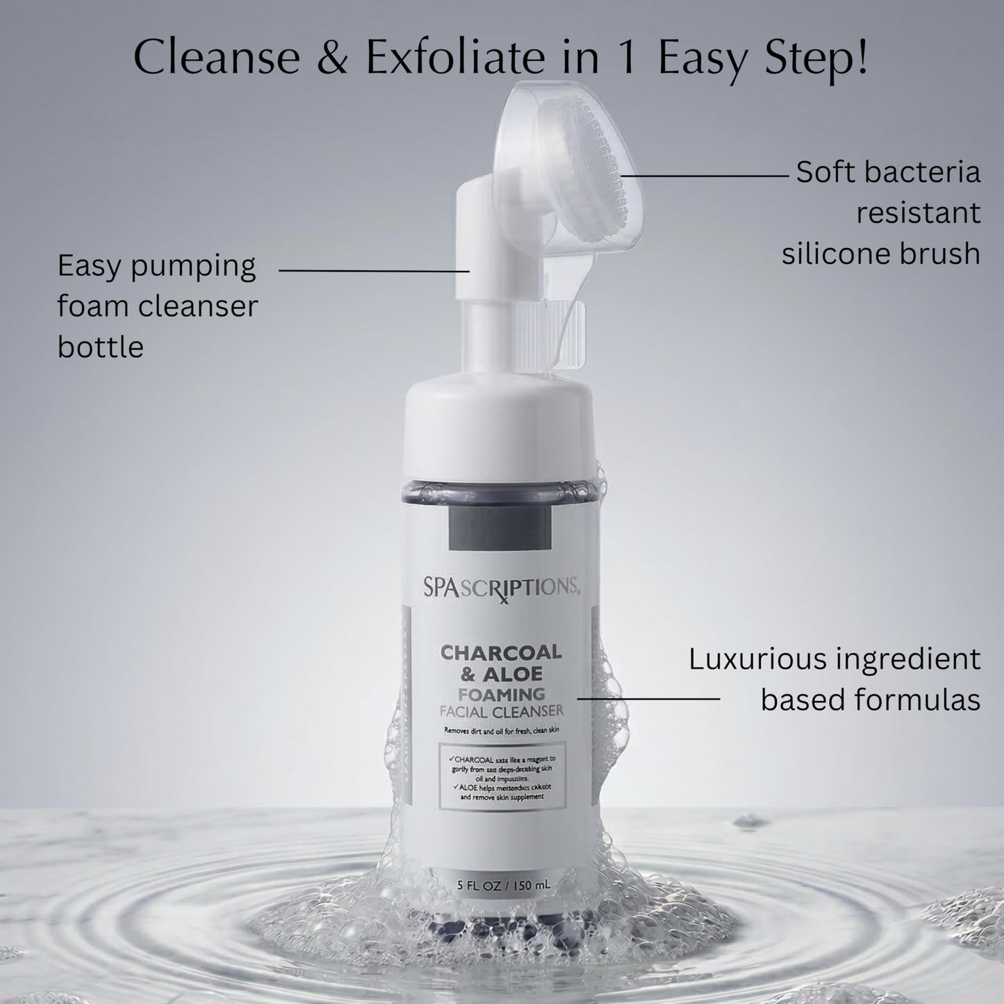 SpaScriptions 2 in 1 Cleanse & Exfoliate Foaming Facial Cleanser - Charcoal & Aloe Face Wash with Silicone Brush for Deep Cleansing & Oil Control with Hydration Support for Daily Cleansing, 5 oz
