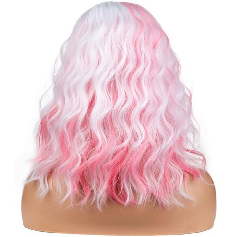 BERON ERON White and Pink Wigs for Women Short Curly Wavy Hair Wig Girls Mixed Highlights Color Synthetic Costume Cosplay or Used Wig