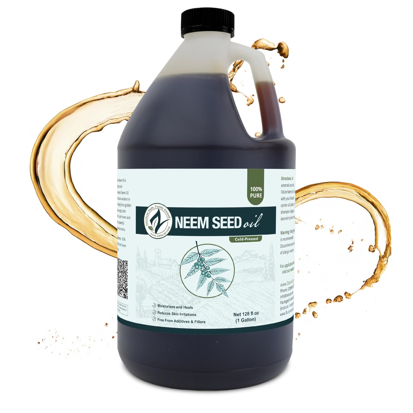 Zatural 100% Pure Neem Seed Oil | Cold Pressed, Undiluted Natural Oil for Skin Conditioning, Hair Moisture & Botanical Blending (128 Fl Oz)