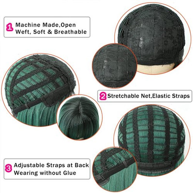Maycaur Green Synthetic Hair Wigs with Full Bangs Black Green Ombre Color Long Straight Women's Costume Wigs Heat Resistant Synthetic No Lace Front Wigs for Fashion Women
