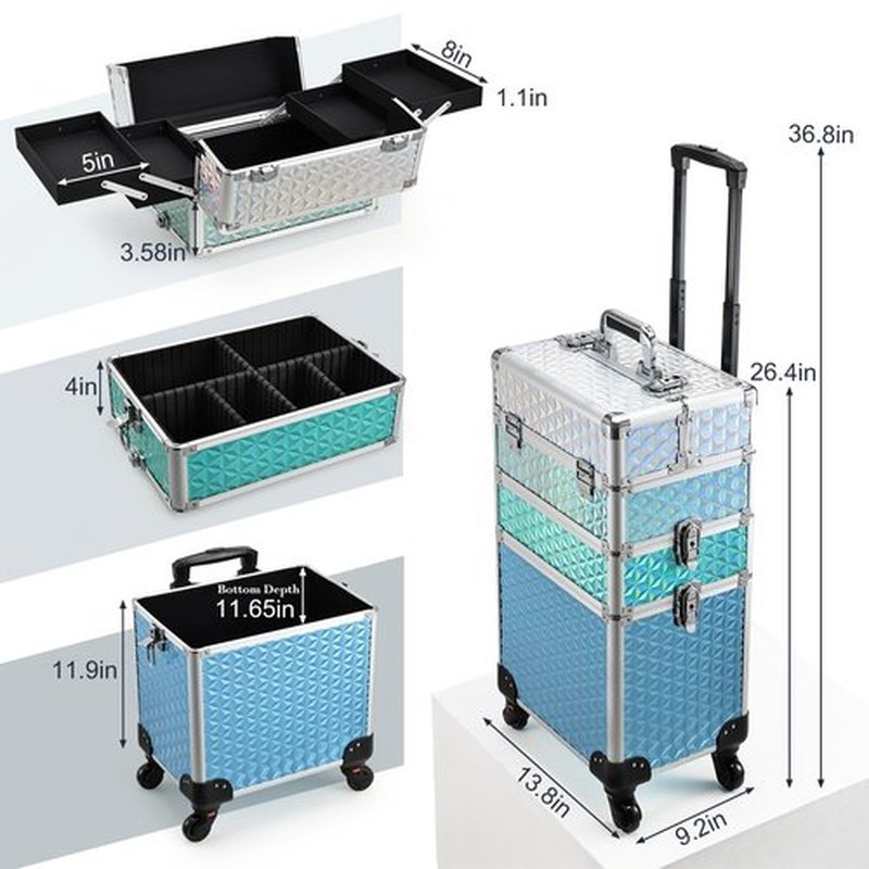 Adazzo Professional Rolling Makeup Train Case 3 in 1 Aluminum Trolley Case with 360° Rotation Wheels for Makuep Artist Cosmetic Suitcase Organizer with Lock and Key Diamond Pattern - Turquoise Cascade
