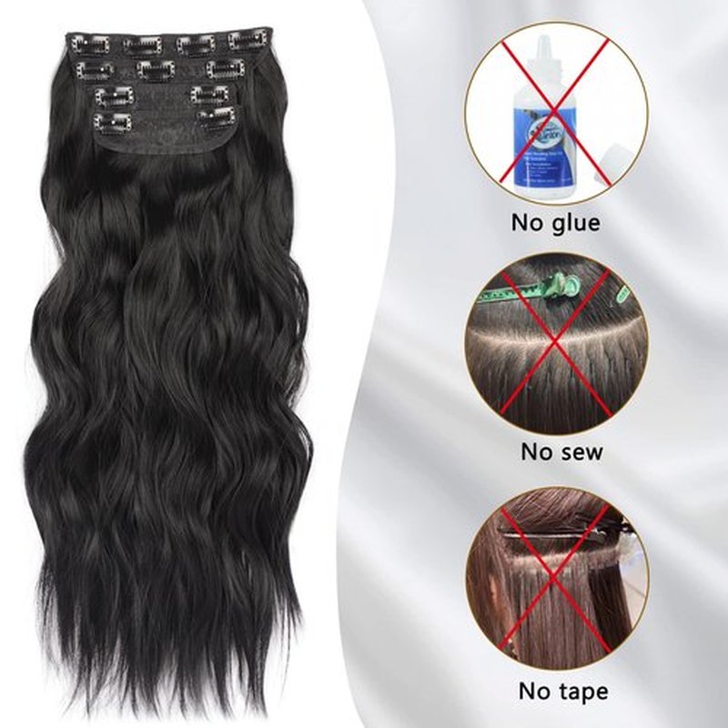 20inch Black Hair Extension for Women 4PCS Thick Hairpieces Natural Synthetic Clip in Hair Extension Double Weft Long Wavy Hair Extensions Clip Ins Hairpicecs (20INCH, 1B)