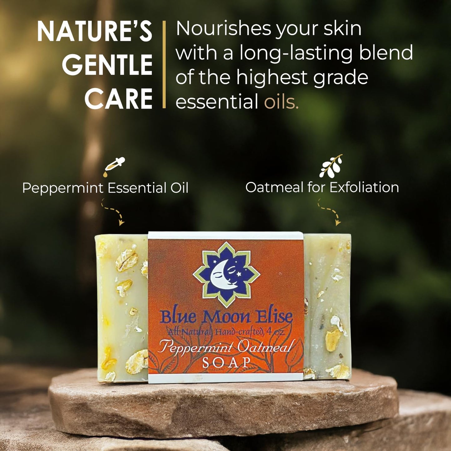 Blue Moon Elise All Natural Peppermint Oatmeal Soap Bars, Scented with Premium Essential Oils, Handmade in the USA, Moisturizing and Therapeutic for Face/Body, For Sensitive Skin (3 Pack)