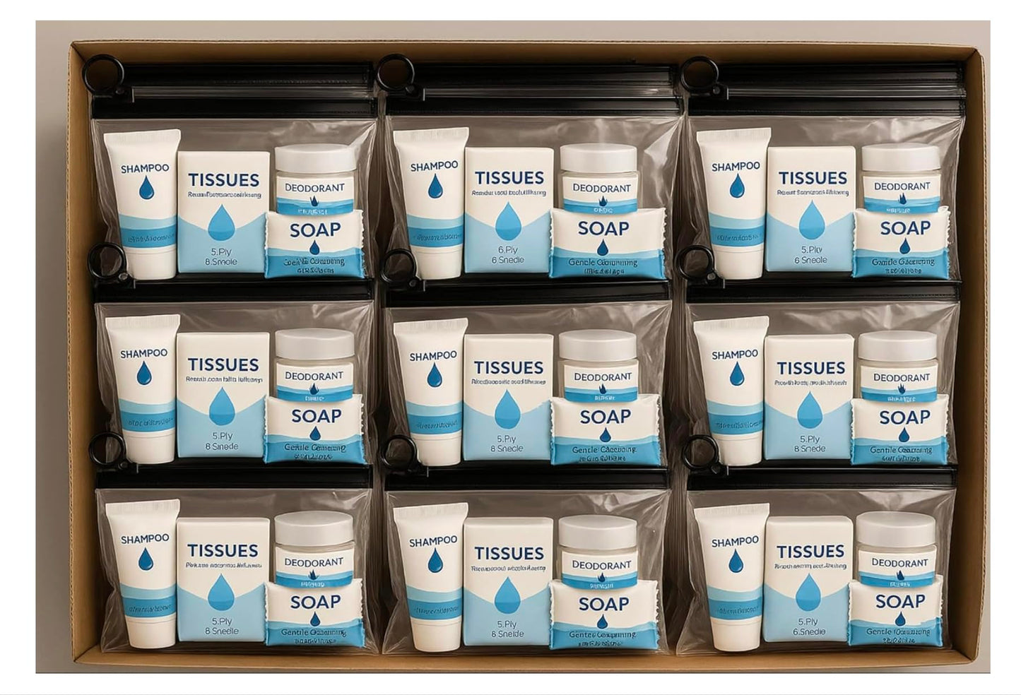 Bulk 50 Deluxe Hygiene Care Packages – 23-Piece Unisex Toiletry Bags with Individually Wrapped Travel-Size Essentials in Waterproof Pouch for Homeless Outreach, Shelters, and Charity Donations