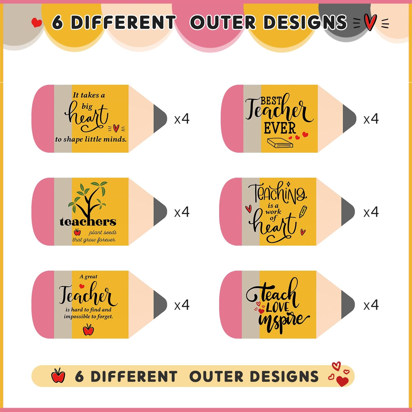 Spakon 24 Sets Teacher Appreciation Gifts Teacher Thank You Cards Bulk with Envelope and Sticker Pencil Shape Cards Inspirational Thank You Note End of School Year Gifts, 6 Styles
