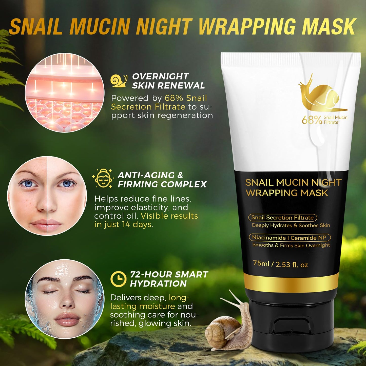chenyayun 2Pack 9000PPM Snail Mucin Collagen Overnight Wrapping Peel Off Mask for Intensive Hydrating, Skin Barrier Repairing, Reducing Sagging/Wrinkles/Fine Lines, 2.53 Oz/75 ML