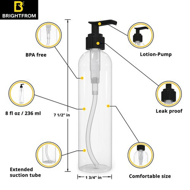 BRIGHTFROM Lotion Pump Bottles, Empty 8 OZ, BPA-Free Refillable Plastic Containers, Clear with Black Dispenser for - Soap, Shampoo, Lotions, Liquid Body Soap, Creams and Massage Oil (2 Pack)