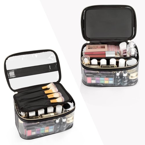 OCHEAL Makeup Bag, Clear Makeup Organizer Bag Portable Cosmetic Bag, Cute Transparent Makeup Case For Women and Girls traveling Storage with zipper Divider Brush Compartment-Black