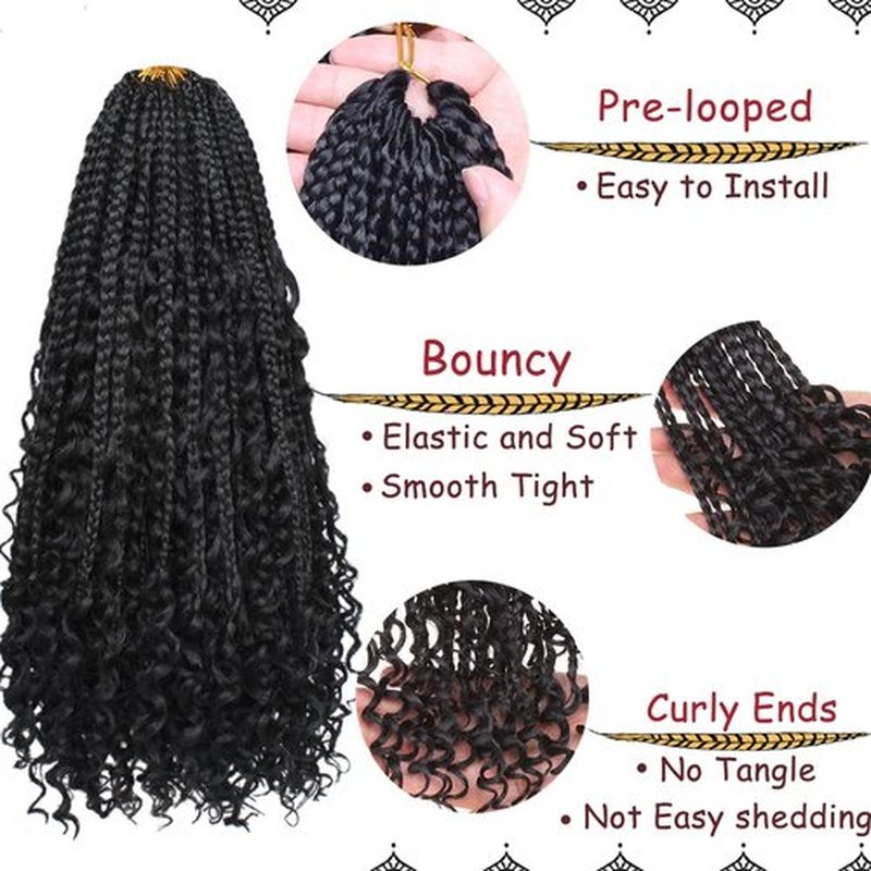 Beverlee 18 Inch Boho Box Braids 8 Packs Goddess Box Braids Crochet Hair Bohemian Hippie Braids Braiding Hair Box Braids with Curly Ends Messy Pre-looped Synthetic Crochet Hair for Women 1B#