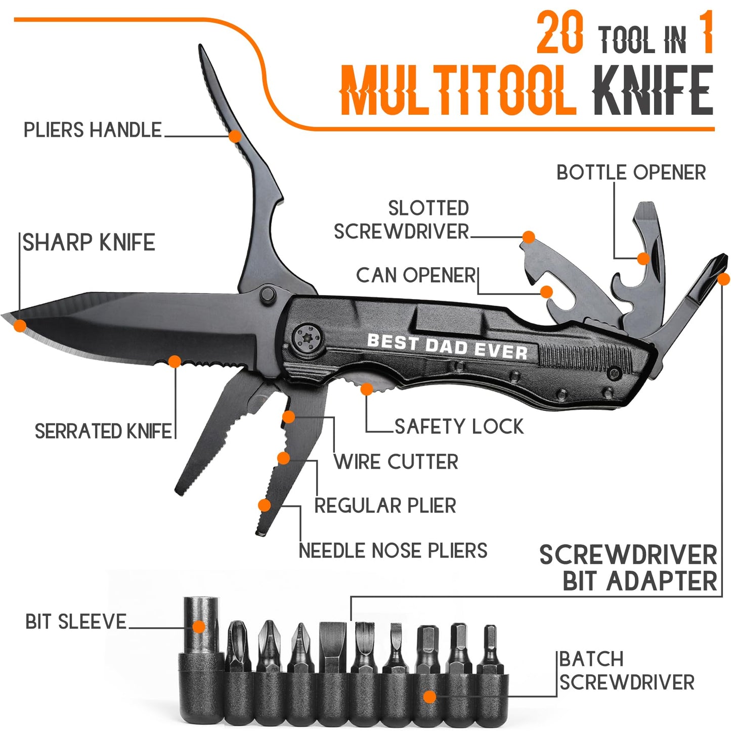 Gift for Dad, Multitool Knife BEST DAD EVER for Camping, Fathers Day Christmas Unique Dad Gifts, Dads Birthday Gift from Daughter Son, Christmas Ideal Presents for Dads, Gadget Present for Father
