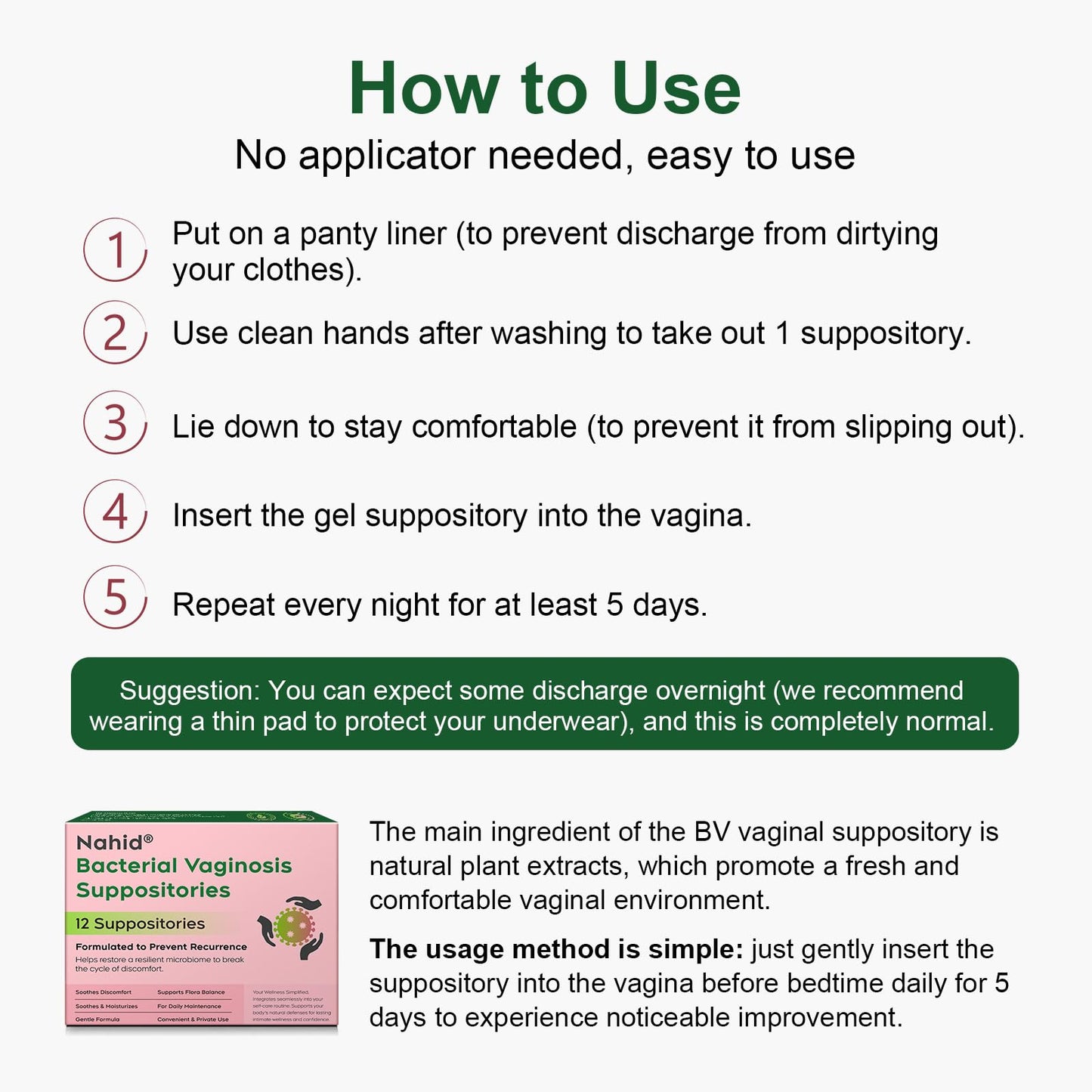 Nahid Bacterial Vaginosis Symptom Suppositories | Targeting Discharge, Odor, Itching, and Irritation | Supports Vaginal Microbiota Balance | 12 Inserts