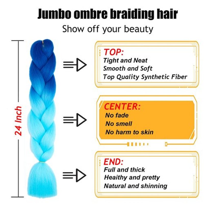 TENGSHUO FLY Blue to Sky Blue Braiding Hair 6 Packs Synthetic Braid Hair Extensions Jumbo Ombre Braiding Hair 24 Inch or Box Braids Twist Crochet Braids(24"6Pack,Blue to Sky Blue)