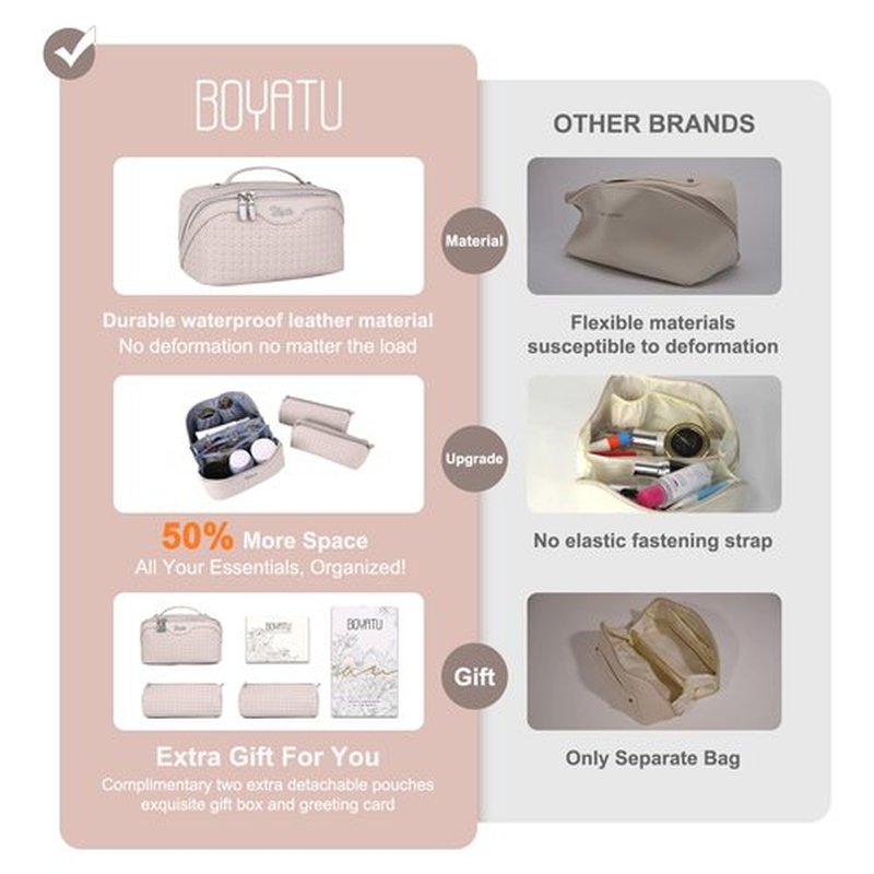 Travel Makeup Bags Cosmetic Organizer Bag: Large Capacity Make up Bag Set of 3 - Vegan Leather Woven Toiletry Bag for Women - Portable Makeup Organizer with Compartments & Handle & Divider Beige
