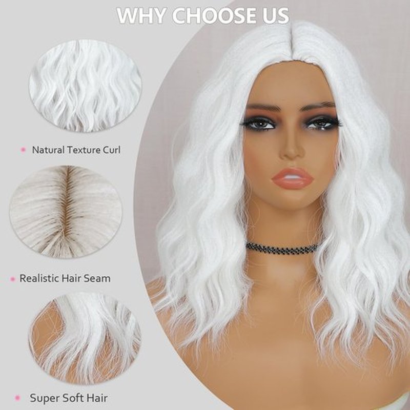BEAUTIFA White Wig for Women, Wavy Curly White Bob Wigs Middle Part 14 Inch Shoulder Length Heat Resistant Synthetic Colorful Wig