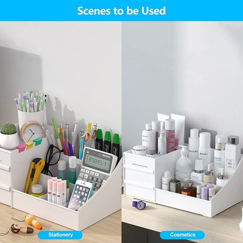 Simbuy Makeup Organizer With Drawers — Countertop Organizer for Cosmetics, Vanity Holder for Lipstick, Brushes, Lotions, Eyeshadow, Nail Polish and Jewelry (White)
