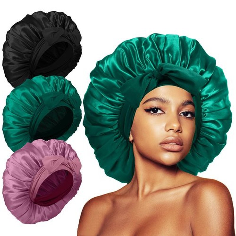 3Pcs Bonnets Silk Bonnet for Sleeping, Jumbo Satin Bonnet for Black Curly Hair Women showercap