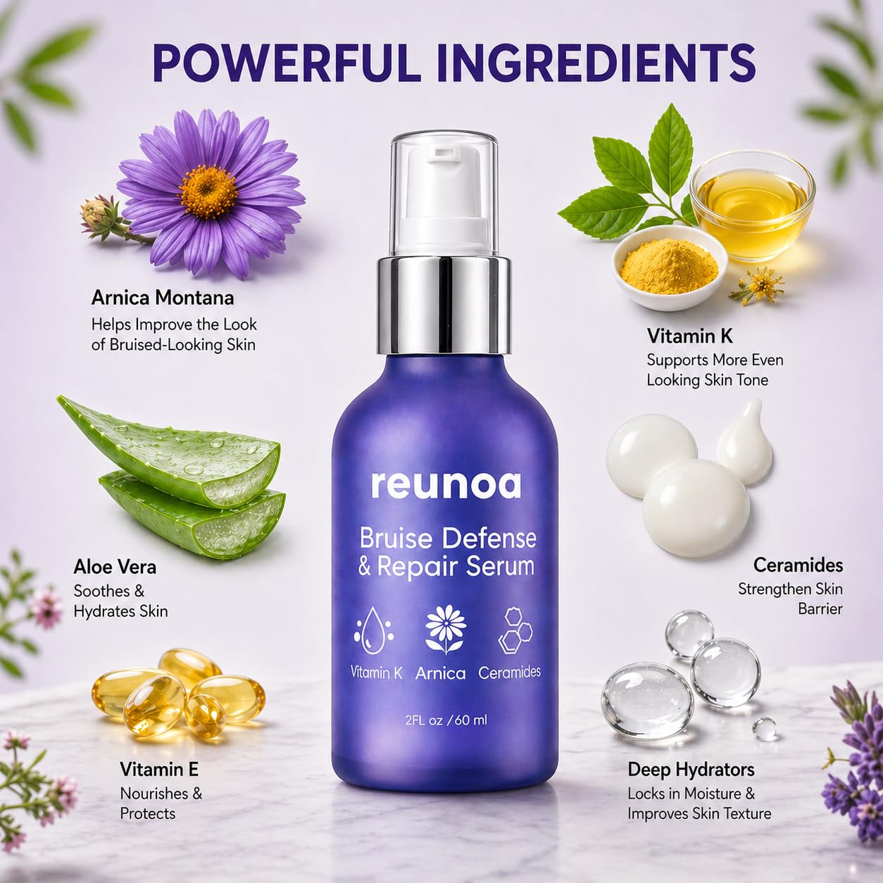 Reunoa Bruise Defense Repair Serum, Reunoa Cream Korvel Serum for Skin with Arnica, Vitamin K, Ceramides, Deep Hydrators, Redwuce Drynaess, 60ml
