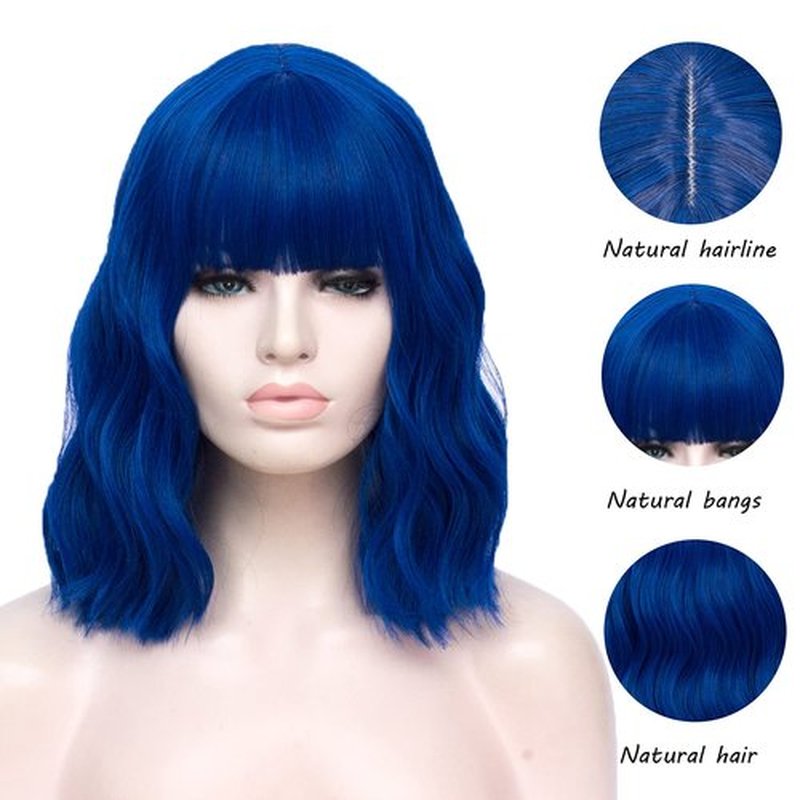 WGPFWIG Women's Blue Wig Short Curly Wavy Wig Shoulder Length Flat Bangs Wig For Women Girl Cosplay Party Halloween Wig Cap Included (Blue)