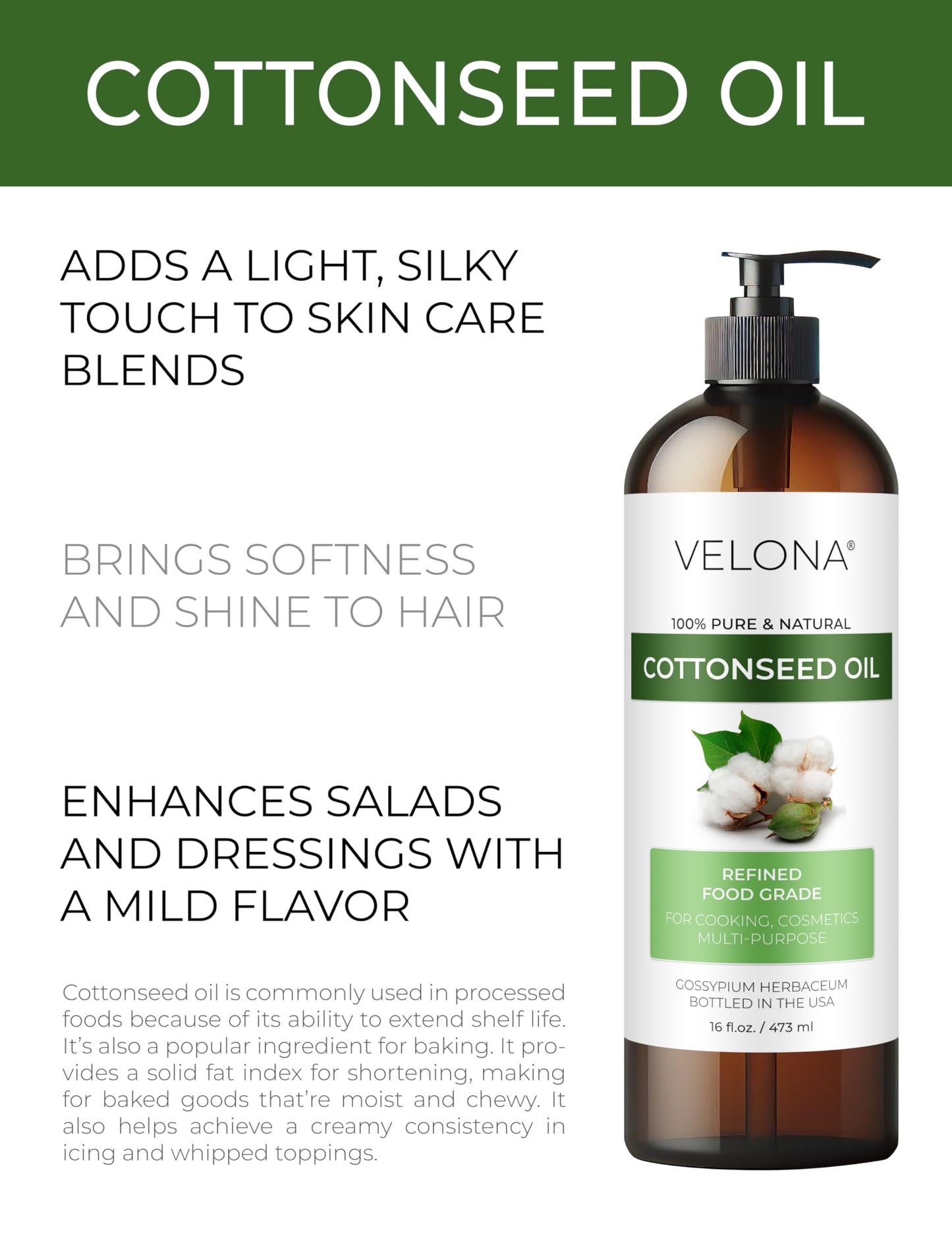 Cotton Seed Oil by Velona - 32 Fl Oz | 100% Pure and Natural Carrier Oil | Refined, Cold pressed | Cooking, Skin, Face, Body, Hair Care | Use Today - Enjoy Results