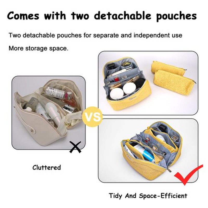 Travel Makeup Bags Cosmetic Organizer Bag: 3-Set Large Capacity Make up Bag - PU Leather Toiletry Bag for Women - Wide Open Portable Pouch with Divider & Handle (06-Yellow)
