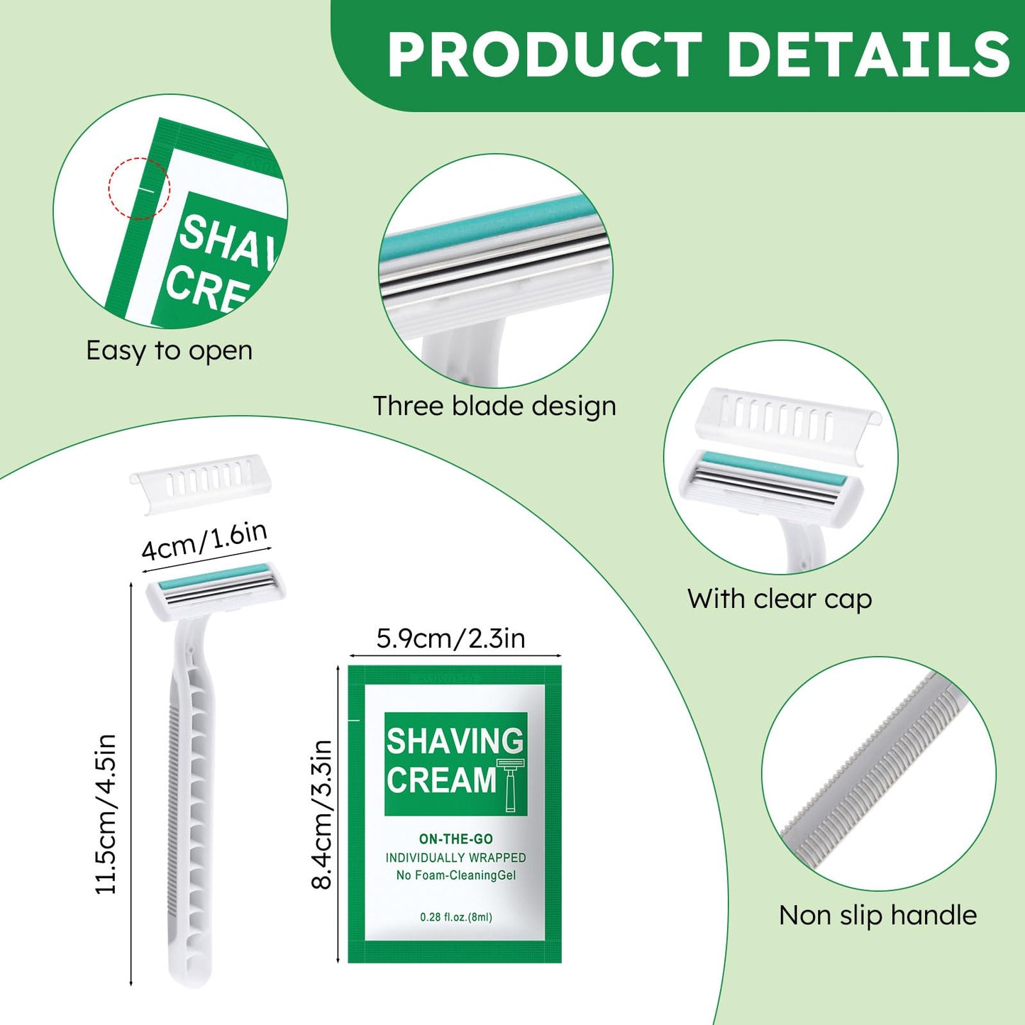 Xuezoioy Disposable Razors Bulk - Pack of 100,Individually Wrapped Grey 3 Blade Razors with 8 ml/0.28 fl oz Packet Shaving Cream and Clear Cap for Homeless,Hotel,Shelter,Travel