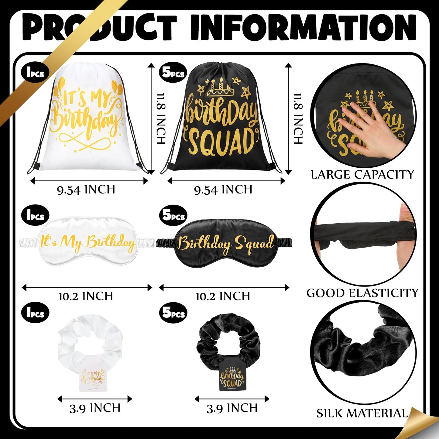 Bunnycool 18 Pcs Birthday Squad Party Favors with 6 Squad Drawstring Bag 6 Satin Eye Mask Satin 6 Hair Scrunchies Spa Birthday Party Favor for Queen Women 20th 30th 40th 50th 60th Decoration(Black)