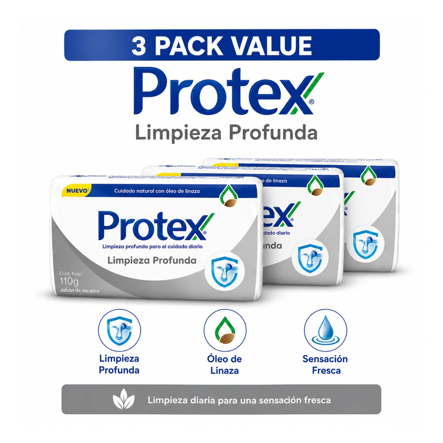 Protexx Deep Clean Body Soap Bars, 3 Pack, 110g Each, Daily Cleansing Bath Soap