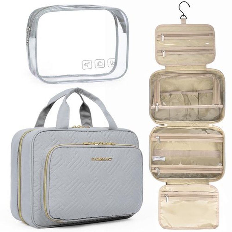 BAGSMART Toiletry Bag Hanging Travel Makeup Organizer with TSA Approved Transparent Cosmetic Bag Makeup Bag for Full Sized Toiletries, Medium-Grey