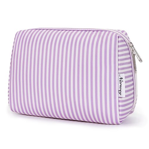Narwey Striped Makeup Bag Travel Cosmetic Bag Organizer Toiletry Bag Make Up Bags with Compartments for Women (Large, Purple Stripe)