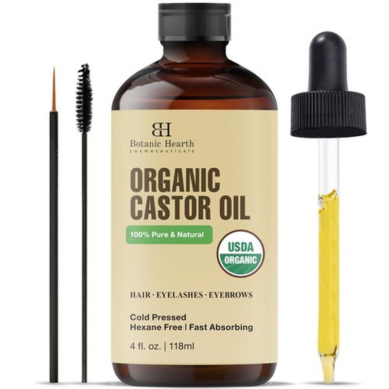 Botanic Hearth Castor Oil | USDA Certified Organic |100% Pure & Hexane Free | Cold Pressed | Growth for Eyelashes, Eyebrows, Hair | With Eyebrow & Eyelash Brush | 4fl oz