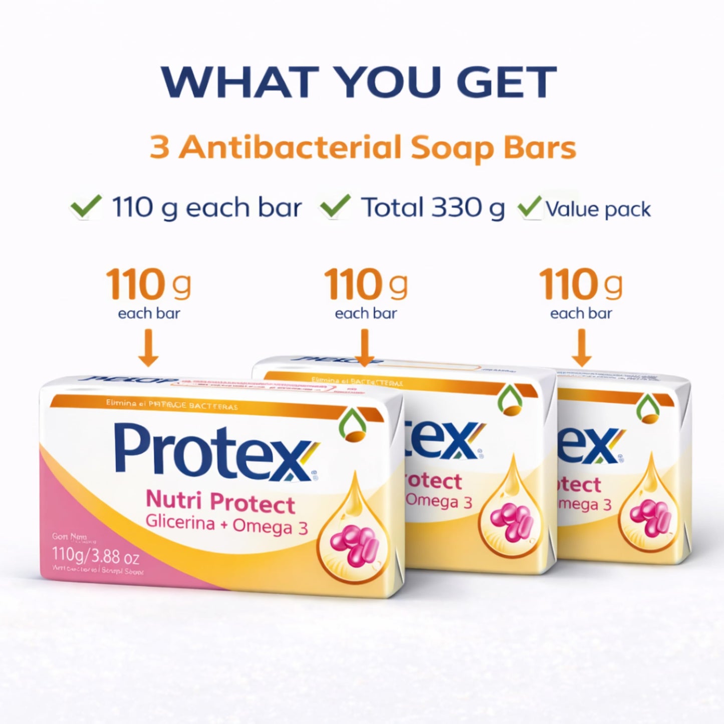 Protexx Antibacterial Bar Soap 3 Pack – Nutri Protect Glycerin + Vitamin E, Antibacterial Body Soap Bars, 110g Each
