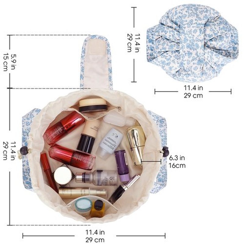 Barrel Drawstring Makeup Bag Large Cosmetic Bag Make up Bags Toiletry Organizer for Women (Little Blue Flower) (Patent)
