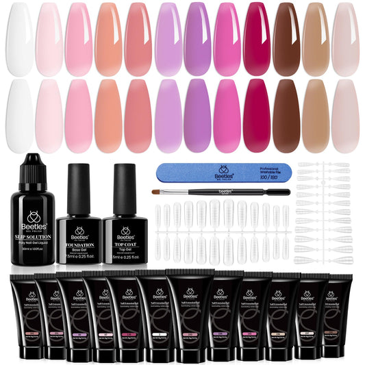 beetles Gel Polish 12 Colors Poly Nail Extension Kit Clear Jelly White Glitter Nude Pink Purple Builder Manicure Enhancement Starter Set Need Cure UV Led Nail Lamp Spring Gifts for Women Girls
