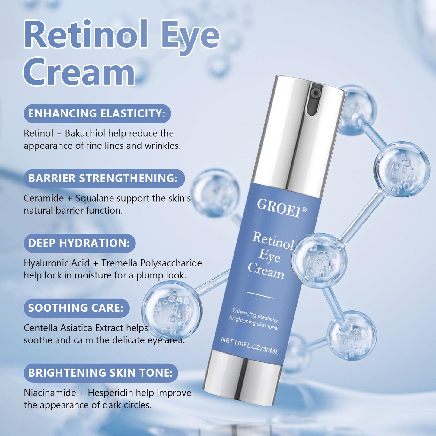 Retinol Eye Cream for Dark Circles & Wrinkles -Night Care Eye Cream with Collagen Hyaluronic Acid Effective in 3-4 Weeks to Fight Against Aging, Reduce Puffiness and Bags, All Skin Types