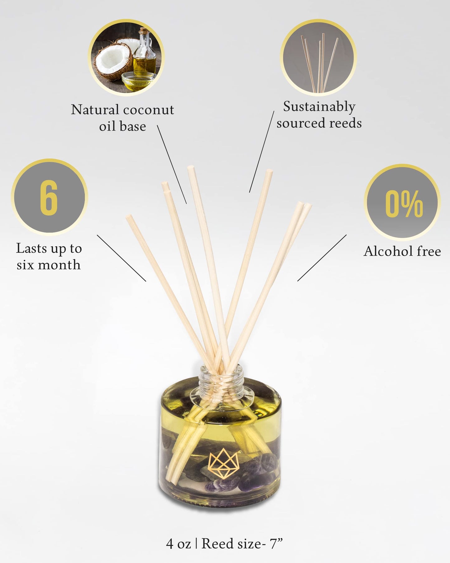 ALUMINATE LIFE Crystal Infused Reed Diffuser, 4 OZ, Strength - Tiger Eye Crystal Infused - Scents of Cedarwood, Amber, & Sage - Home Decor, House Warming, Room, Stick Perfume, Shelf or Coffee Table