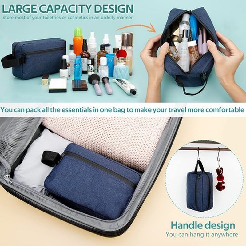 FUNSEED Travel Toiletry Bag for Women and Men, Water-resistant Shaving Bag for Toiletries Accessories, Foldable Storage Bags with Divider and Handle for Cosmetics Brushes Tools (Blue)