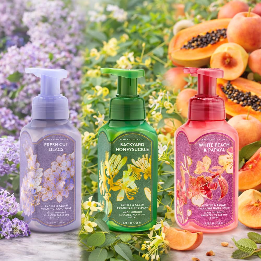 Bath & Body Works Gentle & Clean Foaming Hand Soap – FRESH CUT LILACS, BACKYARD HONEYSUCKLE, WHITE PEACH & PAPAYA 3pc bundle – 8.75 fl oz each - Fresh Floral & Fruity Scents