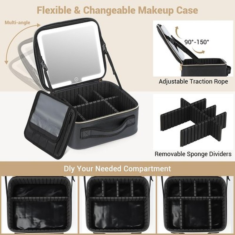 Aiborke Travel Makeup Bag with Led Mirror Make up Case with Lighted Mirror Cosmetic Organizer bag with Adjustable Dividers and 5X Magnifying Mirror Makeup Box Organizer Vanity Case for Women (Black)