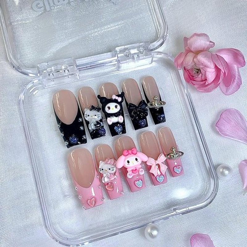 GlimightyX Luxury Cute Kawaii Press on Nails,3D Handmade Pink Black French Tip Long Tapered Square Gel Press on Nails, Reusable Stick on Nails, 10 Nails Size M, Sweet Innocence