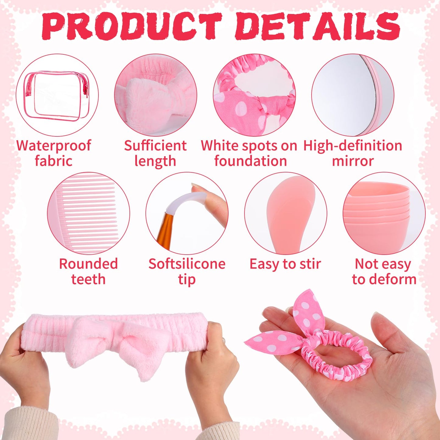 64 PCS Spa Sleepover Party Favor Supplies for Women Bulk, Include Pink Face Mask Mixing Bowl Sets, Handheld Mirrors, Combs, Headbands, Scrunchies, Cosmetic Bags for Slumber Party Supplies