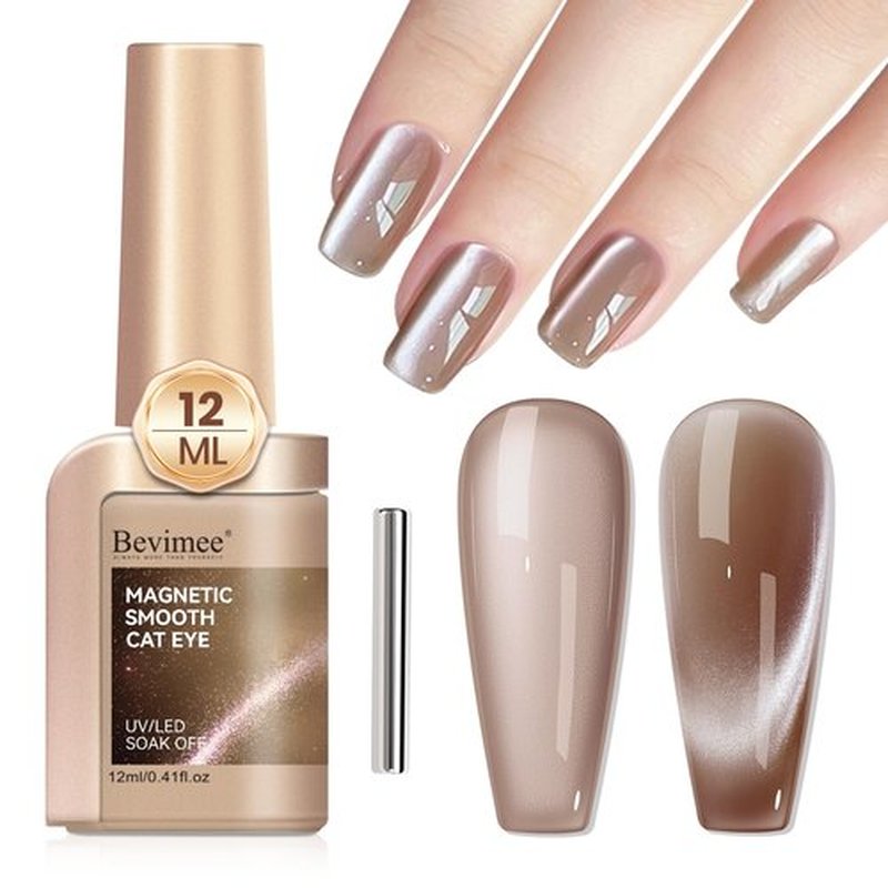 Bevimee Cat Eye Gel Nail Polish Moonlight, 12ML High Gloss Smoothie Glitter Brown Cat Eye Nail Polish Gel Magnetic Holographic UV Gel Polish for Nail Art Manicure Salon DIY at Home 1PC