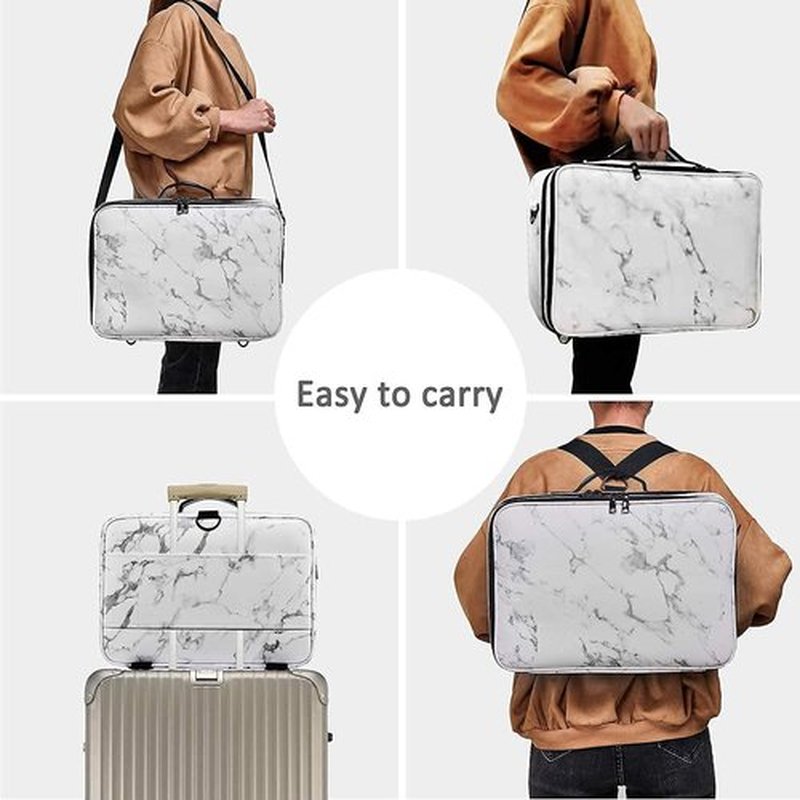 JOURMON Makeup Case Travel Makeup Train Case Organizer Cosmetic Bag Portable with Adjustable Dividers and Shoulder Strap for Makeup Brushes Toiletry Travel Accessories(Marble White Black, L)