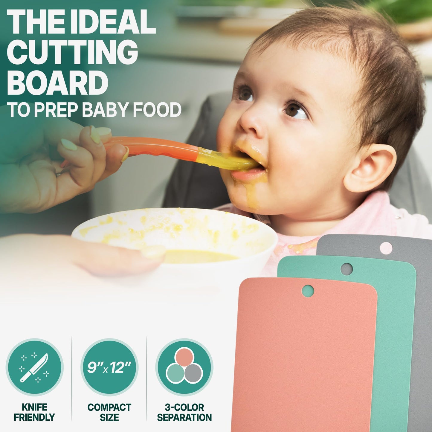 Firgi TPU Small Cutting Board Set of 3 9"x12" - Flexible Cutting Mats for Kitchen Knife Friendly, Cutting Mat Non-Slip Chopping Board Double Sided Scratch Resistant Food Grade Coral Mint Gray