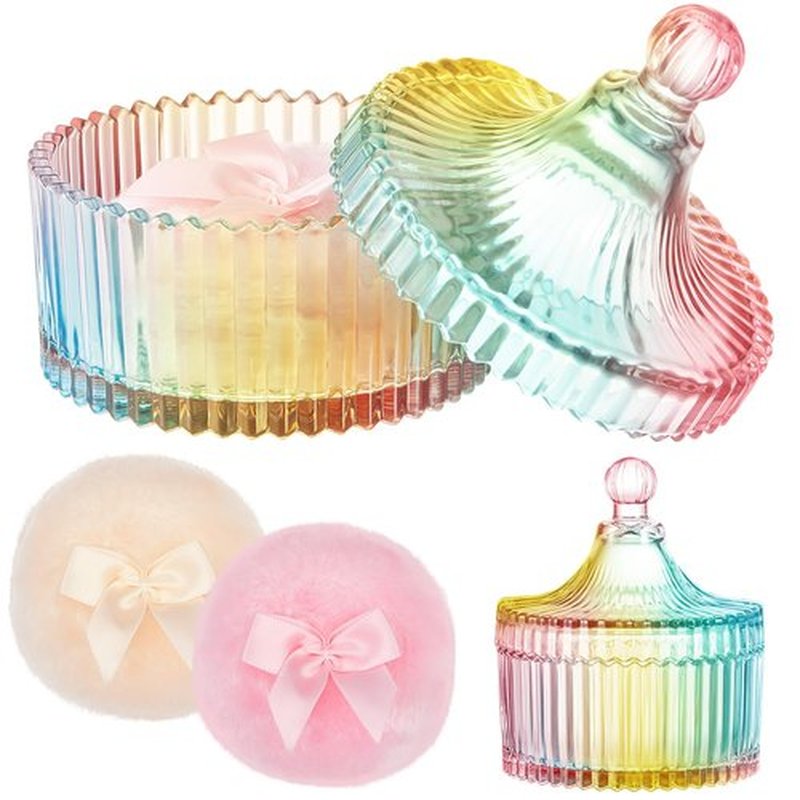 Tioncy 3 Pcs Large Body Powder Puff and Container Powder Container with Puff Powder Puff Crystal Container Soft Washable Reusable Velour Face Body Glitter Powder Puff Wet Dry Makeup(Colorful,Simple)