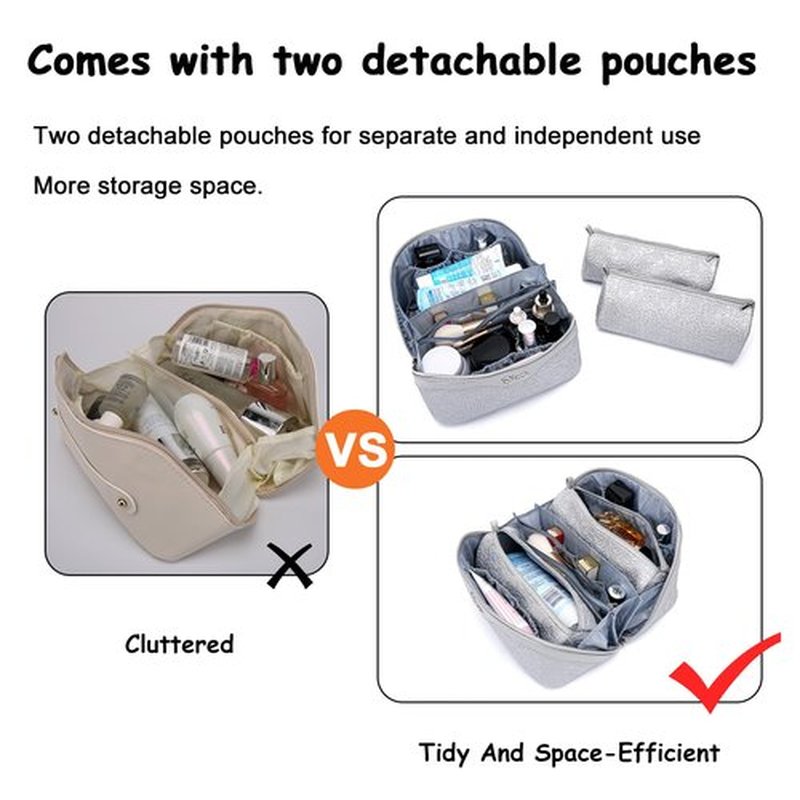 Travel Makeup Bags Cosmetic Organizer Bag: 3-Set Large Capacity Make up Bag - PU Leather Toiletry Bag for Women - Wide Open Portable Pouch with Divider & Handle (02-Z-Silver)