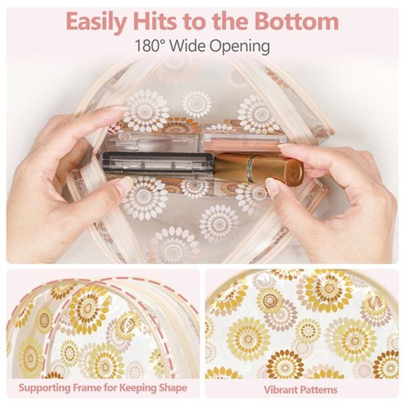 PACKISM TSA Approved Toiletry Bag - Beige Bohemian Print Clear Shell Bag and Upgrade Color-Edged Clear Makeup Bag, Perfect for On the Go or Travel, Lightweight and Robust, 2 Pack