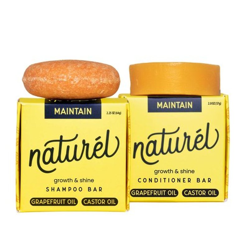 Naturel Maintain Shampoo and Conditioner Bar Set with Grapefruit Oil and Castor Oil for Hair Growth and Shine, Vegan and Cruelty Free, Zero Waste, Made in USA