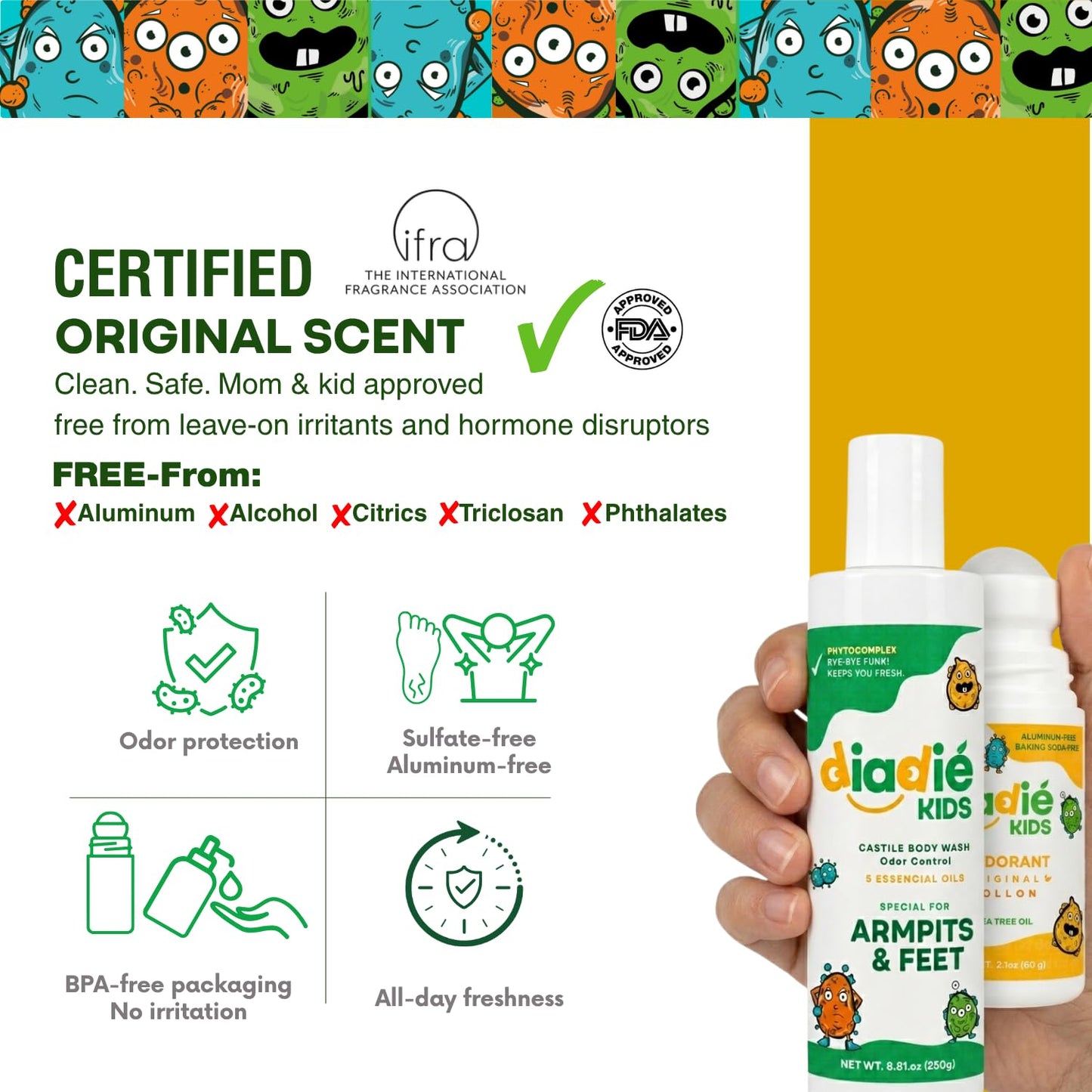 Diadié Kids Natural Mix pack Natural deodorant rollon and a Castile Liquid Body Odor Soap/Wash, For Armpits, feets, body odor protection, 5 Essential Oils, 2 Pack