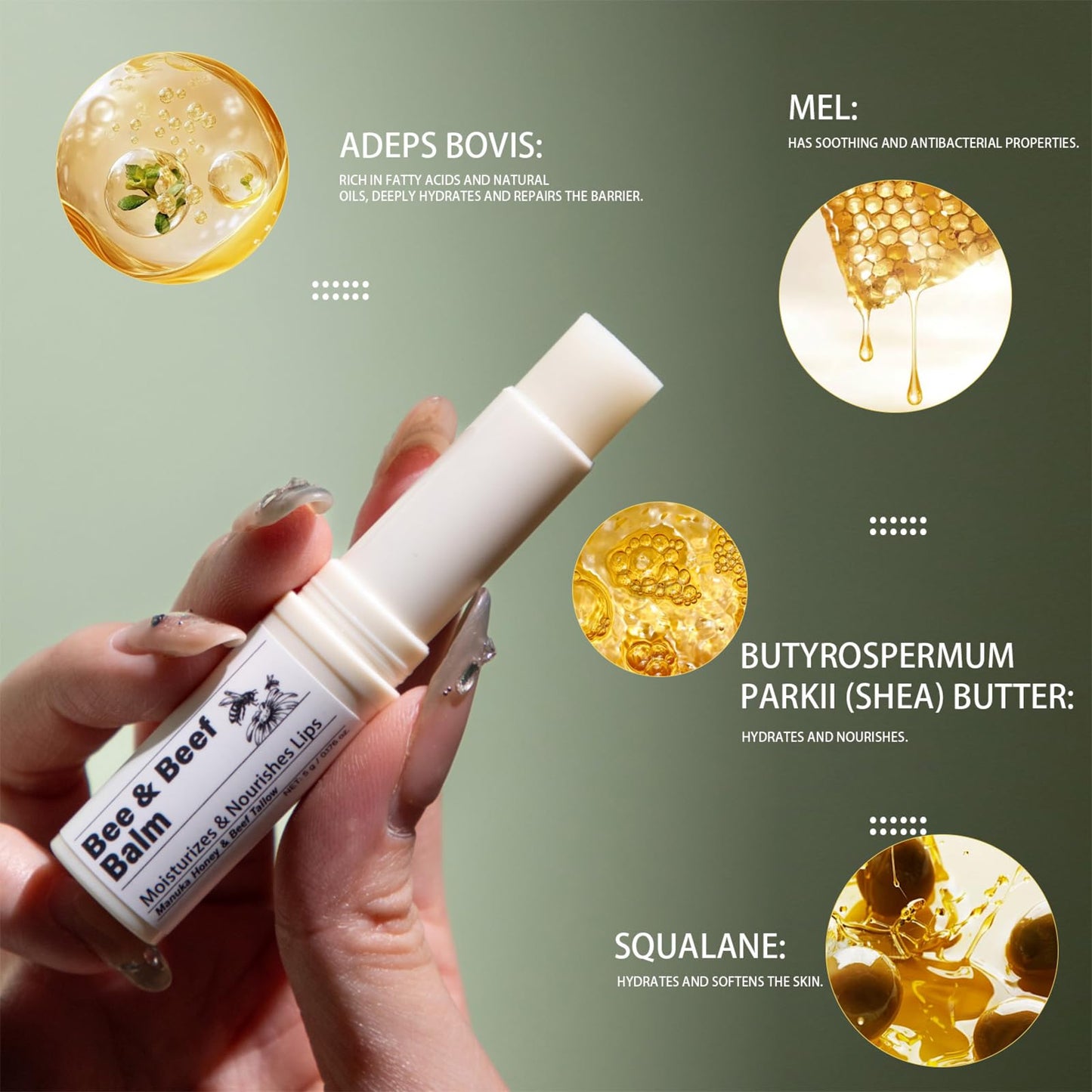 Lip Balm - Natural Beeswax and Grass-Fed Beef Tallow, Moisturizing Tallow Bee Balm Tint-Free with Squalane, Vitamin E, Jojoba Seed Oil,and All-Day Moisture Lip Care, 2 Tubes, Net 10g, 0.35 oz